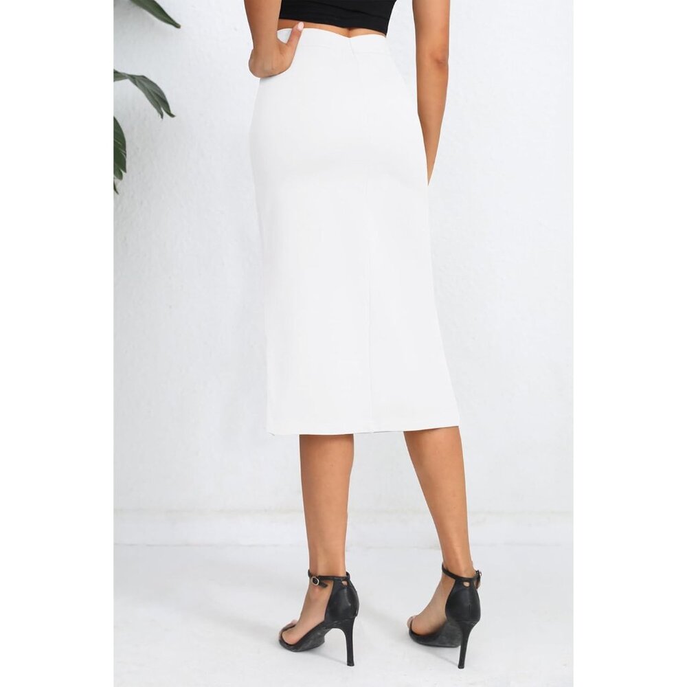 Women's White Stretch Office Fishtail Pencil High Waist Bodycon Slit Midi Skirt - Picture 6 of 6